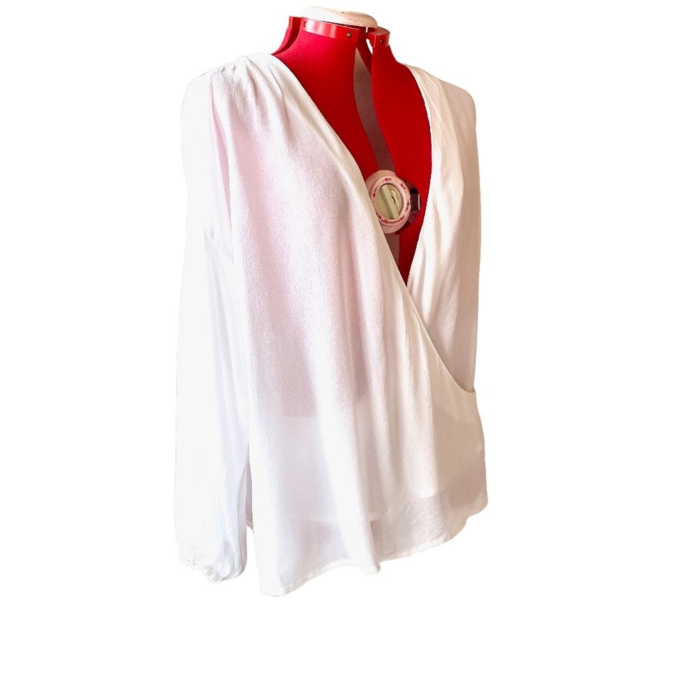 ASOS | White Semi Sheer Crepe Chiffon Surplice Peasant Blouse 14 NWT